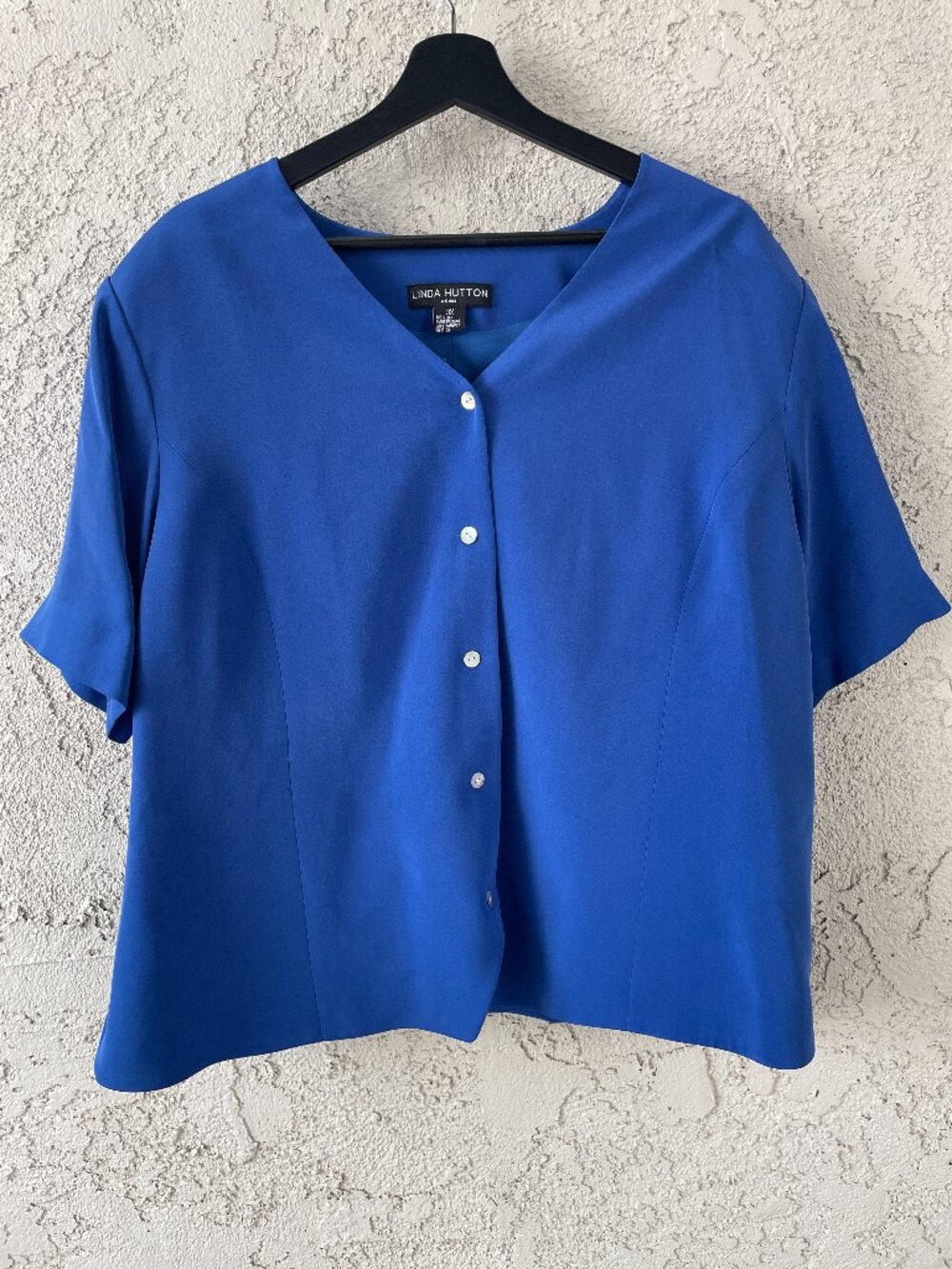 100% Silk Royal Blue Short Sleeve Button Down Top 3X Plus Lined Quiet Luxury